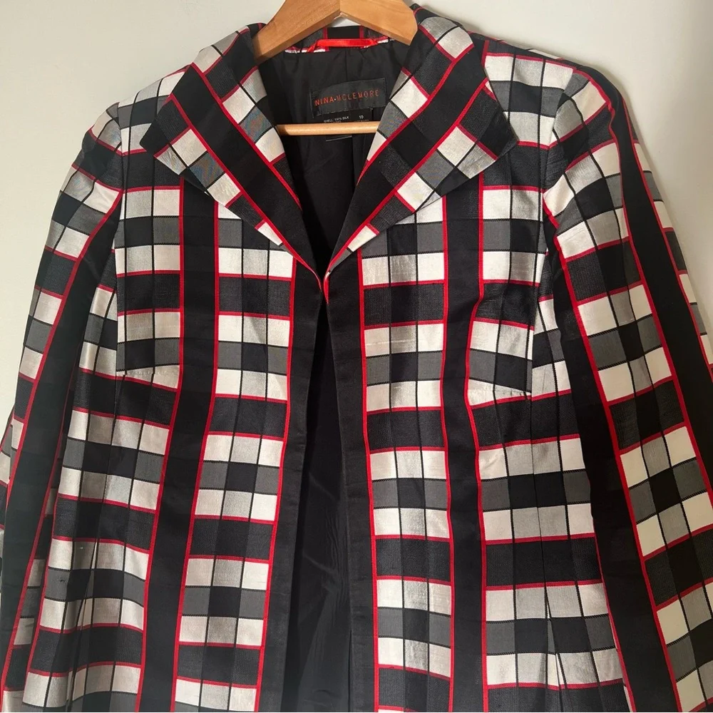 Nina Mclemore Red Black White Checked Silk Blazer Size 10 - Picture 14 of 15